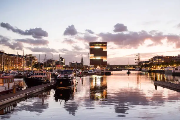 Popular Eilandje port district in Antwerpen at sunset. Popular travel destination and tourist attraction
