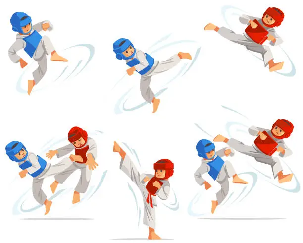 Vector illustration of Set of taekwondo boys characters in different positions. Character set, taekwondo workout. Flat cartoon design vector illustration.