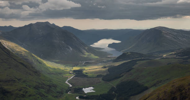 Landscape view of Glen Etive from the Buachaille Etive Beag, in Glencoe. Highlands of Scotland View of the valley of Glen Etive from the Stob Dubh peak, summit of the Buachaille Etive Beag, with Loch Etive in the background. Highlands of Scotland. Munro bagging. Hiking. Hill Walking buachaille etive beag photos stock pictures, royalty-free photos & images