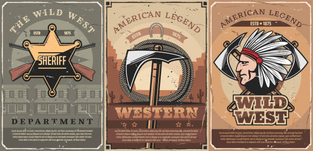 illustrazioni stock, clip art, cartoni animati e icone di tendenza di stella sceriffo occidentale, pistole e tomahawk - rifle gun old wild west