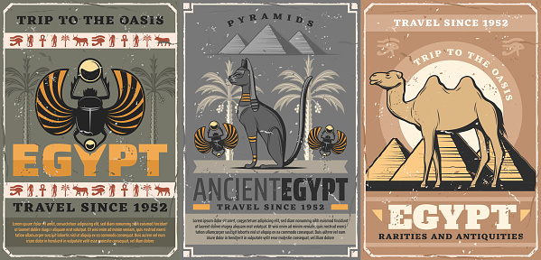Egypt travel, religion and culture symbols. Vector egyptian scarab bug symbolic beetle, camel and pyramids, black cat. Scarabaeus sacer, Horus eye and Anubis, coptic cross and palm trees, retro style