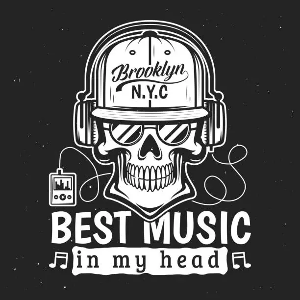 Vector illustration of Death t-shirt print, skull listening to music