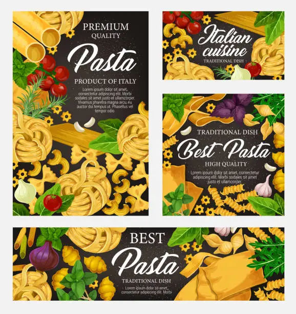 Vector illustration of Italian pasta with herbs, spices and vegetables
