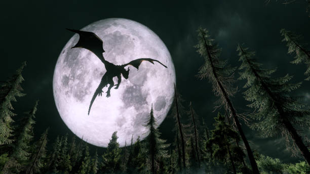 drago che vola nella notte - fantasy flying dragon monster foto e immagini stock