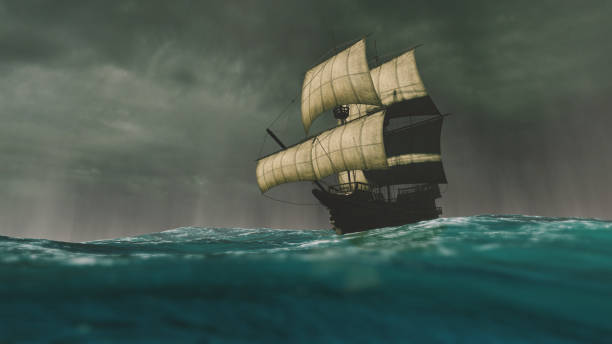 Caravel sailing the ocean during a storm Caravel sailing the ocean during a storm colonial style photos stock pictures, royalty-free photos & images