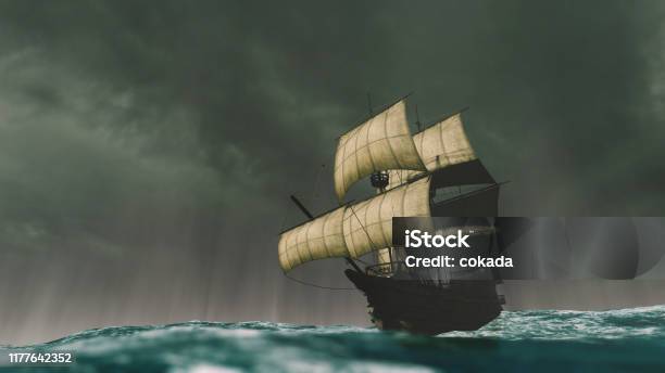 Caravel Berlayar Di Laut Selama Badai Foto Stok - Unduh Gambar Sekarang - Badai - Cuaca, Karavel, Perahu layar