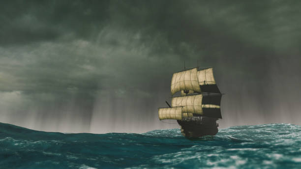istock Caravel sailing the ocean during a storm 1177642387