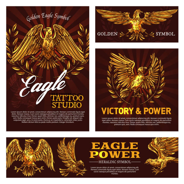 heraldyczne złote orły z gałęziami laurów - phoenix tattoo bird wing stock illustrations