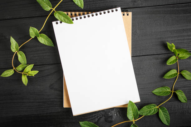 istock notebook on a black wooden background with green leaves 1177643542