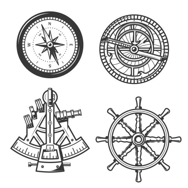 illustrazioni stock, clip art, cartoni animati e icone di tendenza di bussola di navigazione marina, timone e sestante - compass compass rose north direction