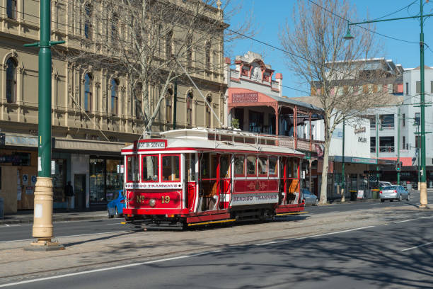 Australian Heritage Historical Trams Old Victorian Public Transport in the street, Famous Tourist Attraction of Bendigo City Bendigo, Australia - Aug 16, 2019:  Australian Heritage Historical Trams Old Victorian Public Transport in the street, Famous Tourist Attraction of Bendigo City energy fuel and power generation city urban scene stock pictures, royalty-free photos & images