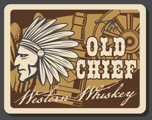illustrazioni stock, clip art, cartoni animati e icone di tendenza di wild west whiskey bar saloon, capo dell'india occidentale - cree