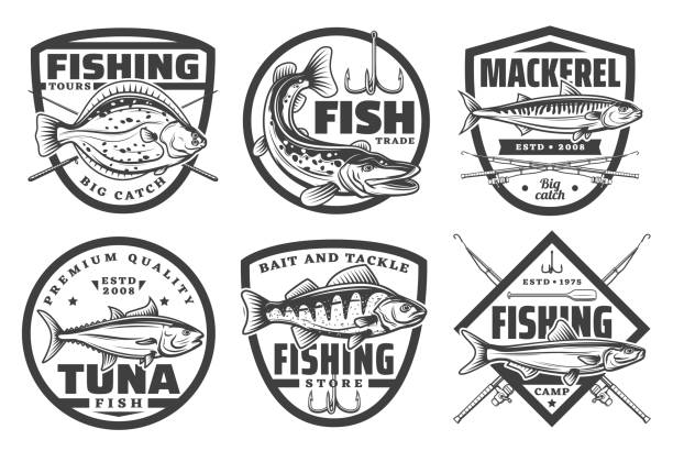 Fishing tours, fisherman camp sport club badges Fishing camp club, fisherman fish catch tours and tackles equipment store icons. Vector sea and ocean fishing trips, baits and rods for flounder, mackerel or pike and tuna fish catch on rod hook perching stock illustrations