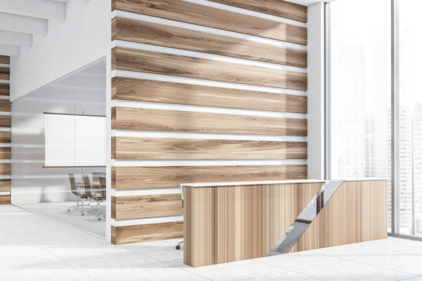 istock Wooden reception desk and meeting room 1177649706