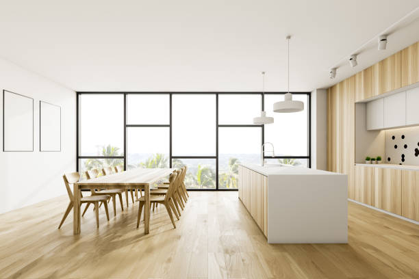 istock Side view of wooden kitchen with table and island 1177649902
