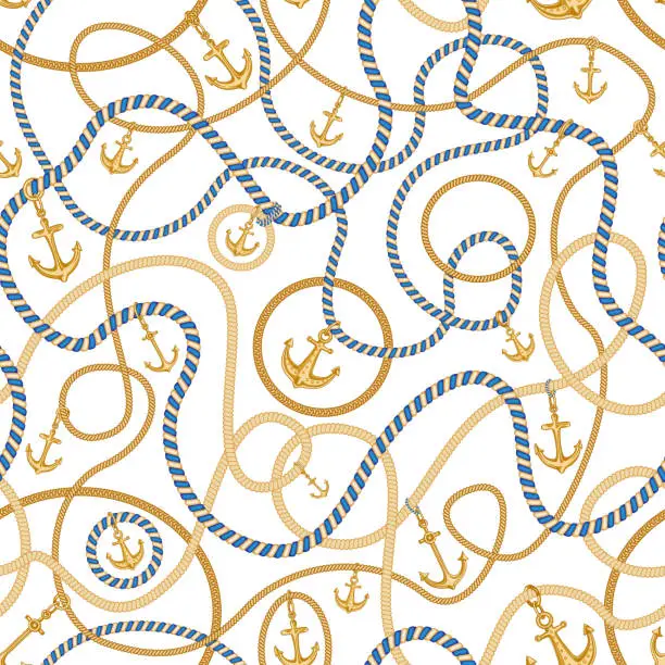 Vector illustration of Golden sea nautical anchors, jewelry accessories, striped cables seamless pattern on a white background. Baroque textile silk print, wallpaper. There are seven chain  pattern brushes in the palette