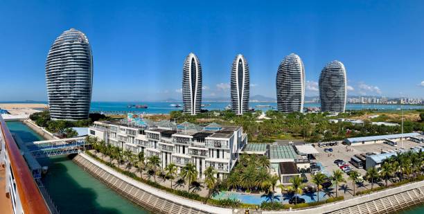 Sanya, China - January 31, 2019: Cruise ship terminal in Sanya on Hainan island in China. Four modern buildings visible.