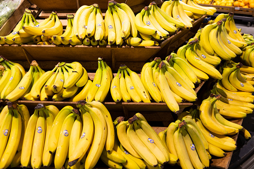 Bunches of fresh yellow bananas on wooden shelves in shop