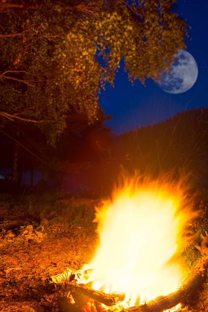 istock closeup burning campfire on a forest glade at the night and full moon shining on a sky 1177655209
