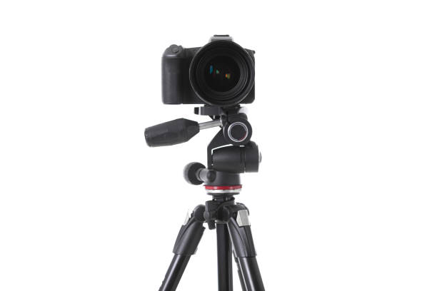 istock Front view of modern multifunctional black camera on trepied isolated 1177656336
