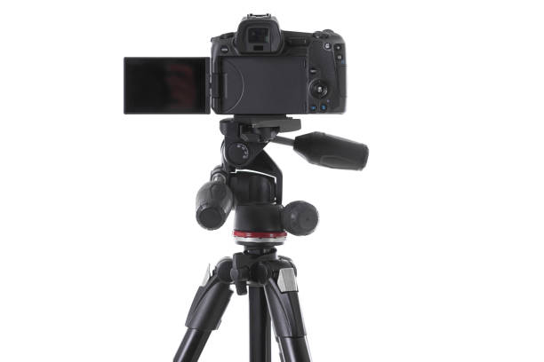 istock Backside view of modern multifunctional black camera on holder isolated 1177656359