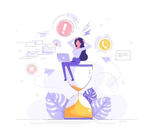 Tired and exasperated business woman is sitting on an hourglass and grabbed his head with business process icons and infographics on background. Stress in the office. Rush work. Deadline. Vector. Tired and exasperated business woman is sitting on an hourglass and grabbed his head with business process icons and infographics on background. Stress in the office. Rush work. Deadline. Vector. time pressure stock illustrations