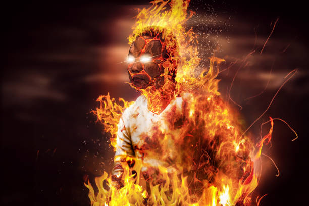 Concept retouching image - Asian Thai man is on fire and flame around his body.