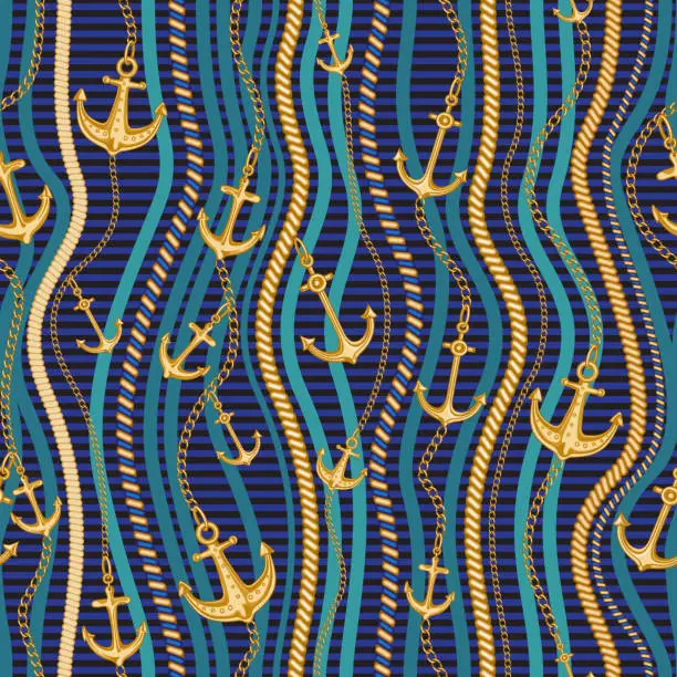 Vector illustration of Golden nautical anchors jewelry accessories, cables seamless pattern on a black background with seaweed and blue strips. Baroque textile silk print. Rope and chains pattern brushes in the palette