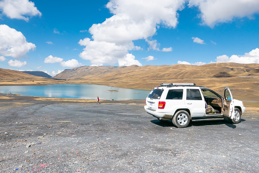 La Paz Bolivia September 15 an off-road vehicle allows you to reach a vantage point over Lake Cumbre at 4000 meters high. Avaroa Shoot on September 2019