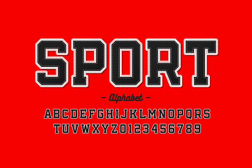 Sports uniform style font, alphabet letters and numbers, vector illustration