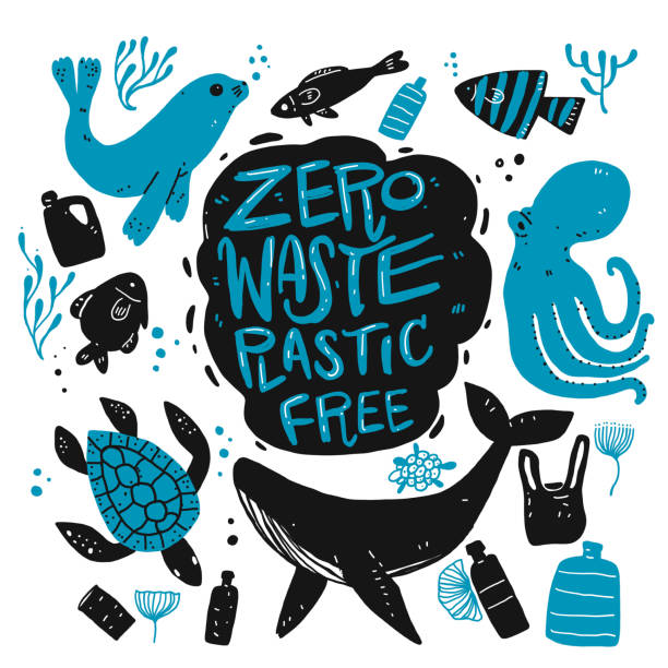 Zero waste Plastic free Zero waste Plastic free, hand drawing silhouette doodle style. sea turtle stock illustrations
