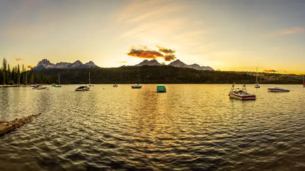 A 4 shot panorama of the sunset at Redfish Lake, Sawtooth NRA, Idaho, USA