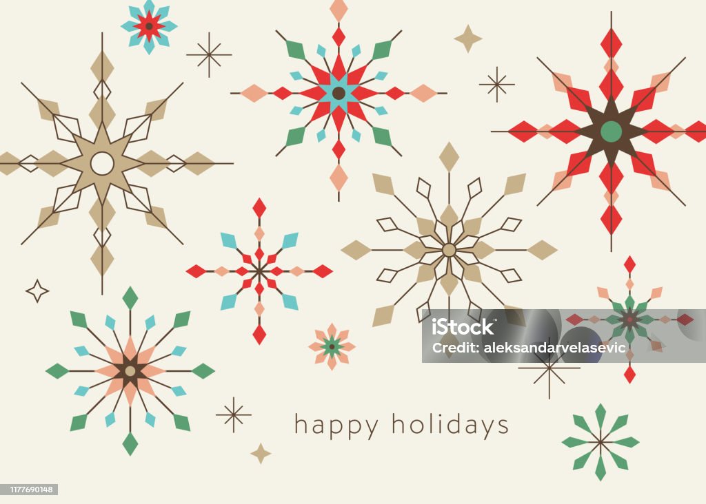 Geometric Graphic Snowflake Holiday Background Geometric snowflakes background with greetings. Christmas, Holiday greeting card with simple geometric shapes. Stylized snowflakes. Scandinavian style. Christmas stock vector