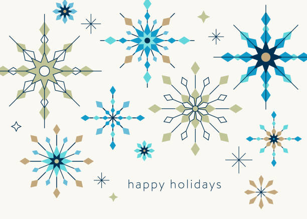 Geometric Graphic Snowflake Holiday Background Geometric snowflakes background with greetings. Christmas, Holiday greeting card with simple geometric shapes. Stylized snowflakes. Scandinavian style. snowflake holiday greeting card blue stock illustrations