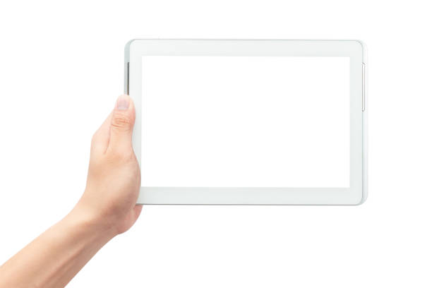 istock Male hand holding the white tablet pc computer with blank screen isolated on white background with clipping path 1177694043