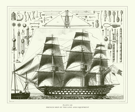 French Ship of the Line and Equipment Engraving Antique Illustration, Published 1851. Source: Original edition from my own archives. Copyright has expired on this artwork. Digitally restored.