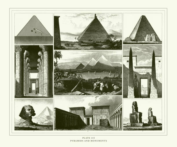 ilustrações de stock, clip art, desenhos animados e ícones de engraved antique, pyramids and monuments engraving antique illustration, published 1851 - luxor