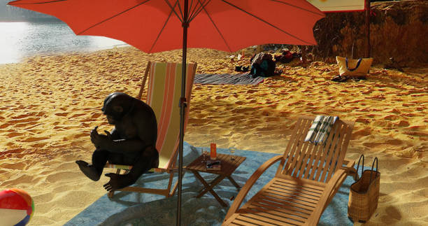 A surreal scene of a monkey taking a sunbath on the beach.