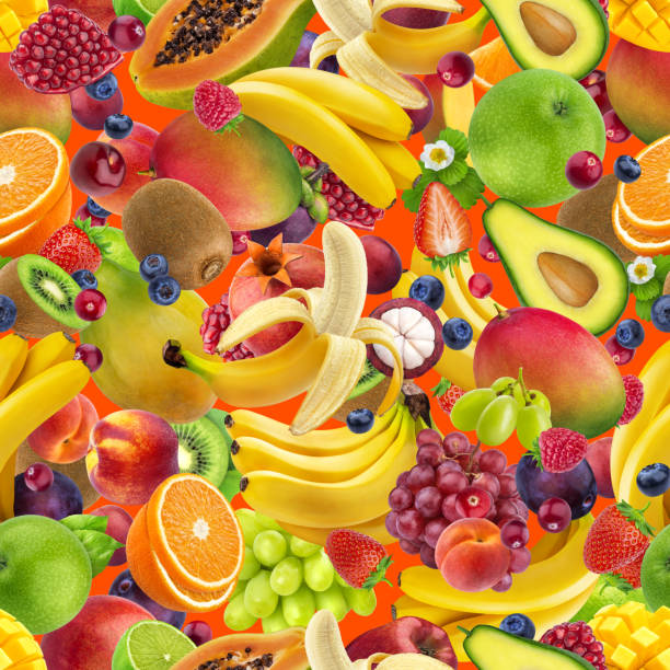 istock Tropical fruits seamless pattern, falling exotic fruits isolated on color background 1177702935