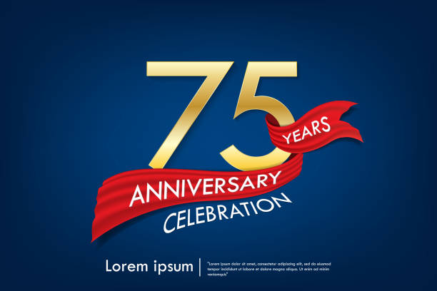 75th years anniversary celebration emblem. anniversary elegance golden logo with red ribbon on dark blue background, vector illustration template design for celebration greeting and invitation card 75th years anniversary celebration emblem. anniversary elegance golden logo with red ribbon on dark blue background, vector illustration template design for celebration greeting and invitation card 75th anniversary stock illustrations