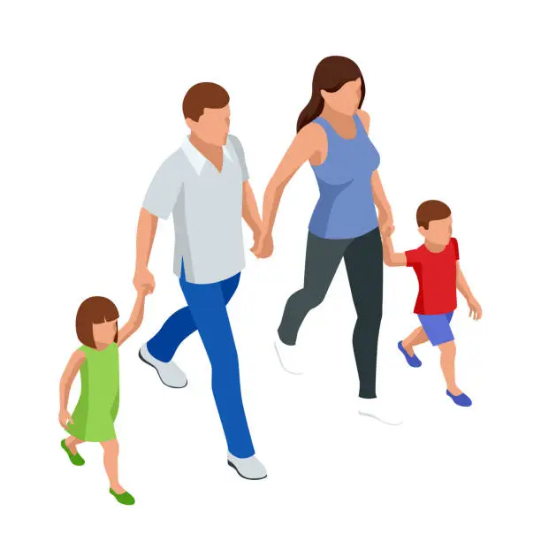 Vector illustration of Isometric outdoor recreation Leisure for the family. Father, son, mother, and daughter.