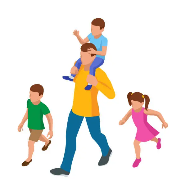 Vector illustration of Isometric outdoor recreation Leisure for the family. Father, sons, and daughter. Happy Father s Day.