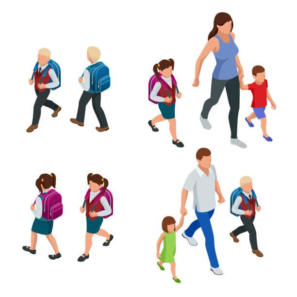 illustrations, cliparts, dessins animés et icônes de isométrique retour à l'école. parents avec leurs enfants écoliers. - free standing illustrations