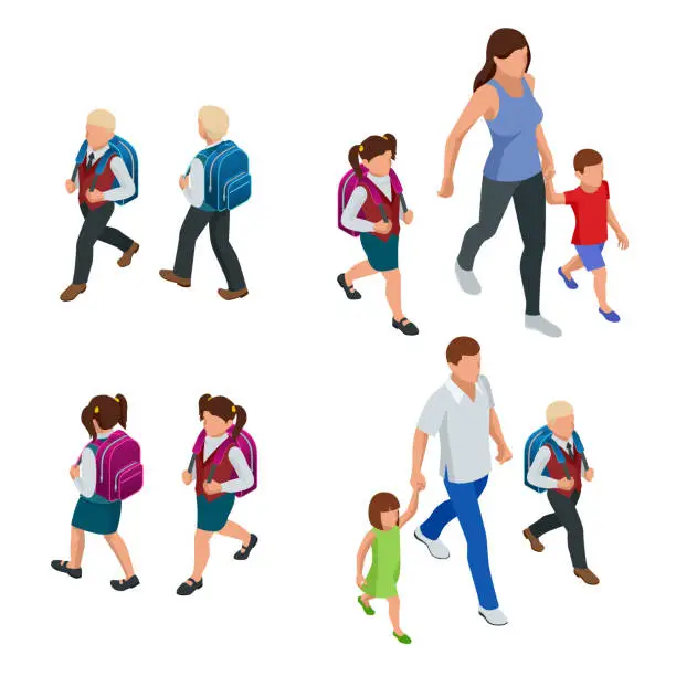 Vector illustration of Isometric Back to School. Parents with their children schoolchildren.