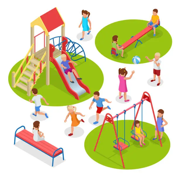 Vector illustration of Isometric kids, boys and girls are playing on the playground. Swing carousel sandpit slide rocker rope ladder bench.