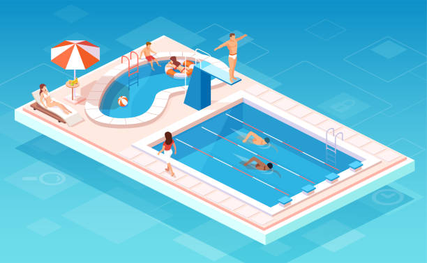 wektor izometryczny basenu z pływakami rywalizującymi, osobami relaksującymi się przy mniejszym basenie - lifeguard swimming pool summer swimming stock illustrations