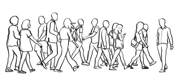 Walking Against The Crowd Man walking against a large crowd of pedestrian all going in the same direction crowd of people clipart stock illustrations