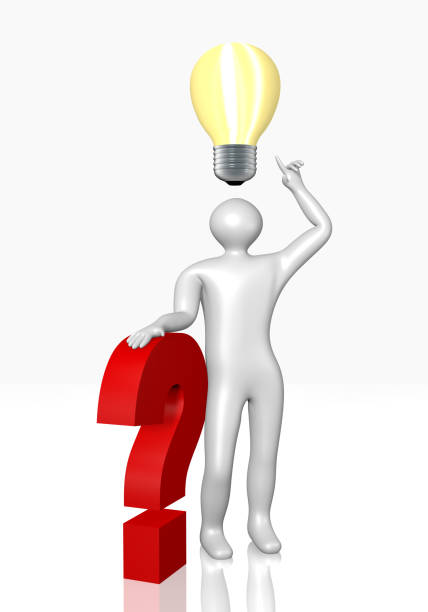 3d male leans against question mark and points to a lightbulb above his head. 3d rendering