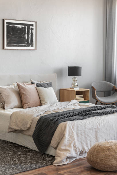 istock Trendy bedroom with comfortable king size bed in modern flat, real photo 1177726742