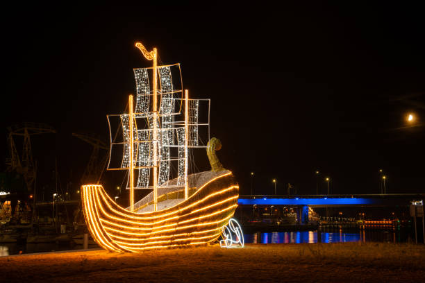 Szczecin, Poland-August 2018: Grodzka Island decorated with Christmas illuminations stock photo